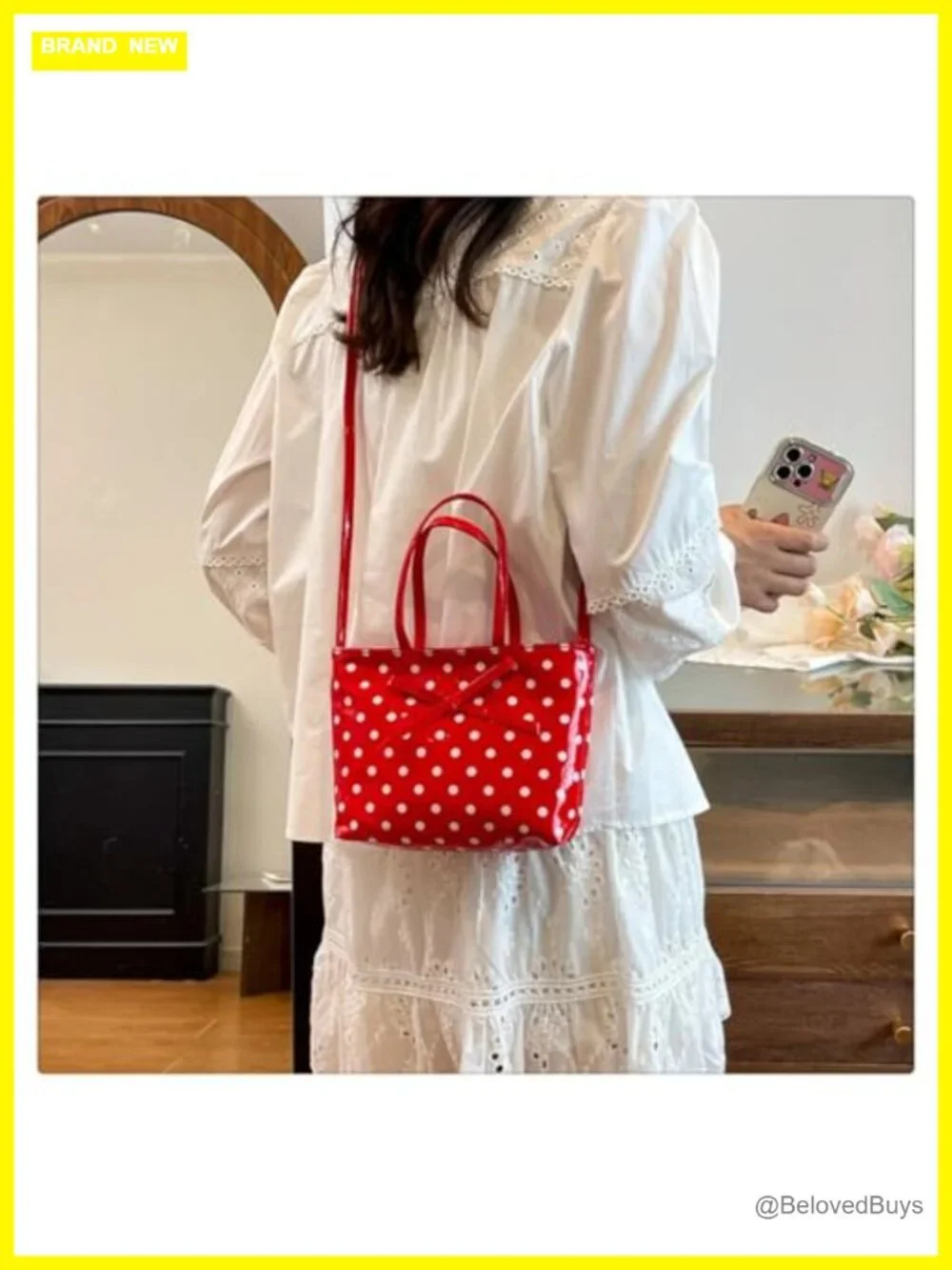 Polka Dot PU Tote Bag Bow Crossbody Purse Small Handbag